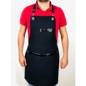 Önlük Sepeti Cepli Boyundan Ayarlanabilir Askılı Deri Detaylı Siyah Cafe Garson Aşçı Önlük Modeli