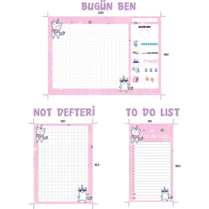 E-Olur Bugün Ben  Sorumluluklarım Defteri - Not Defteri - To Do List - Cat Unicorn Desenli Üstten Tutkallı