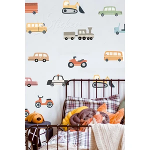 Arabalar Çocuk Bebek Odası Stickerı - Sevimli Pastel Renklerde Arabalar Çocuk Bebek Odası Cam Duvar Sticker Seti