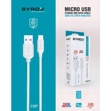 Syrox C107 Micro USB Hızlı Şarj ve Data Kablosu 1mt 3.0A 18W