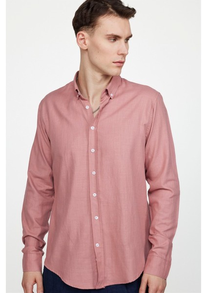 Slim Fit Uzun Kol Biyeli Yaka Düğmeli Keten Erkek Pudra Gömlek modelleri