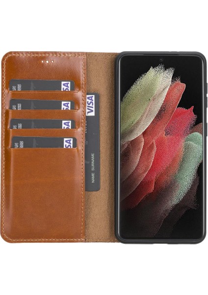 Samsung Galaxy S21 Uyumlu Deri Cüzdanlı Kılıf RST2EF Taba