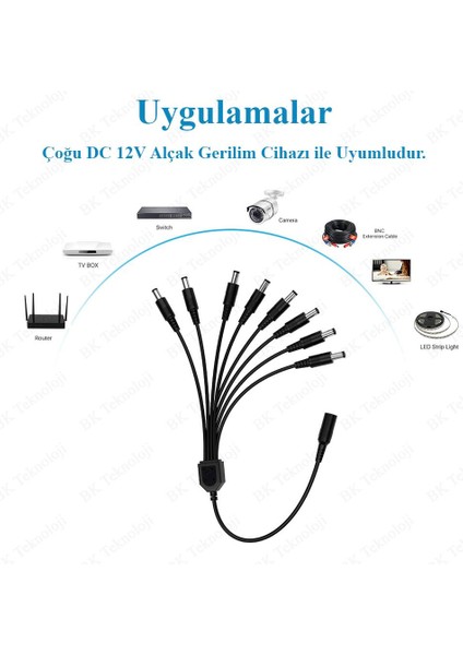 BK Teknoloji Dc Güç Bölücü 1 Dişi 8 Erkek 5.5mm x 2.1mm Y Adaptör Kablosu Cctv Kamera-Şerit LED