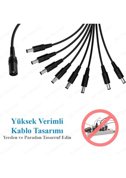 BK Teknoloji Dc Güç Bölücü 1 Dişi 8 Erkek 5.5mm x 2.1mm Y Adaptör Kablosu Cctv Kamera-Şerit LED