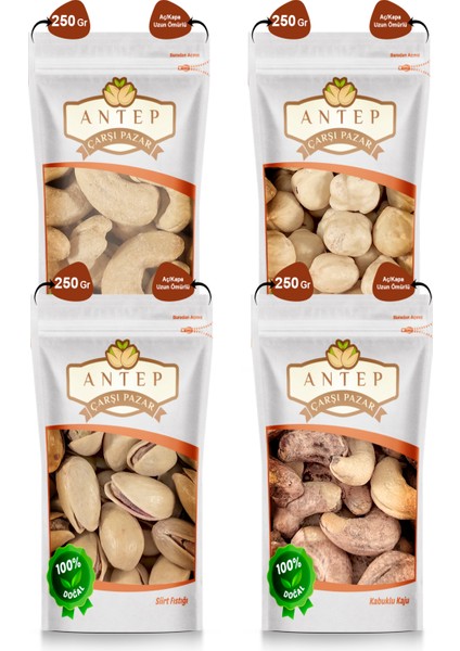 Antep Çarşı Pazar Karışık Kuruyemiş ( 250 gr x 4 Paket )  Kaju-Kabuklu Kaju-Fındık-Siirt Fıstığı