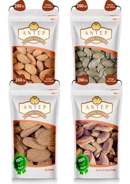 Antep Çarşı Pazar Glutensiz Çiğ Kuruyemiş ( 250 gr x 4 Paket ) Badem-Iç Antep Fıstığı-Iç Kabak ve Kayısı Çekirdeği