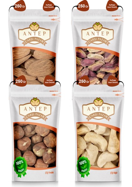 Antep Çarşı Pazar Glutensiz Çiğ Kuruyemiş ( 250 gr x 4 Paket ) Badem-Fındık-Kaju-Kırmızı Iç Antep Fıstığı