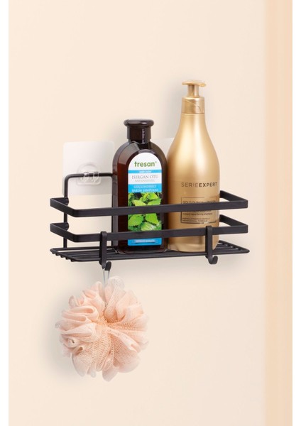 Ömür Boyu Paslanmaz Yapışkanlı Banyo Düzenleyici Şampuanlık Duş Rafı Siyah 1 Adet MLS-749