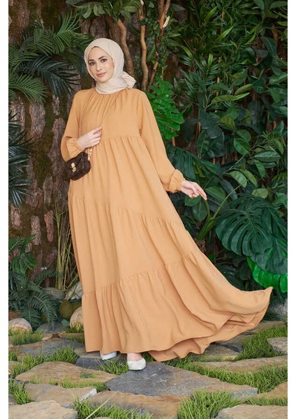 6614-BÜZGÜLÜ Berlin Elbise Camel