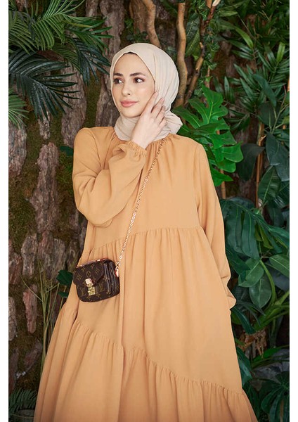6614-BÜZGÜLÜ Berlin Elbise Camel modelleri