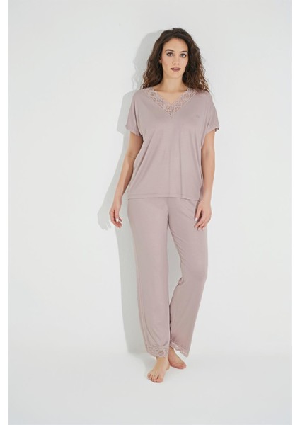 Kısa Kollu V Yakalı Dantelli Pijama Takımı 18486 fiyatları