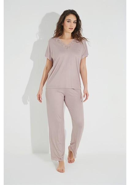 Kısa Kollu V Yakalı Dantelli Pijama Takımı 18486 fırsatları