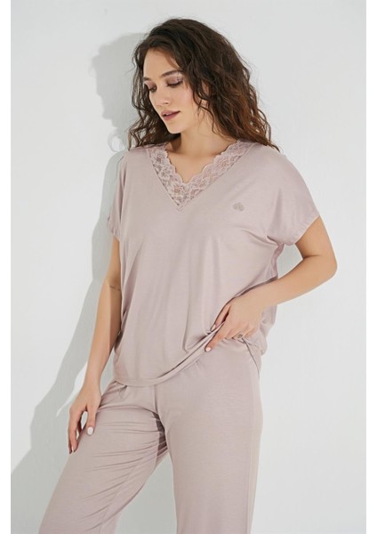 Kısa Kollu V Yakalı Dantelli Pijama Takımı 18486 indirimleri