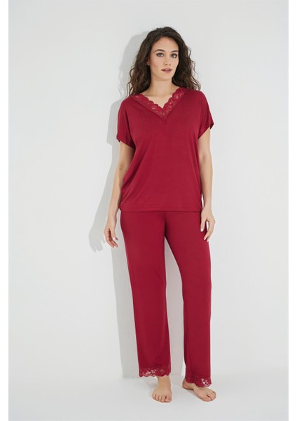 Kısa Kollu V Yakalı Dantelli Pijama Takımı 18495