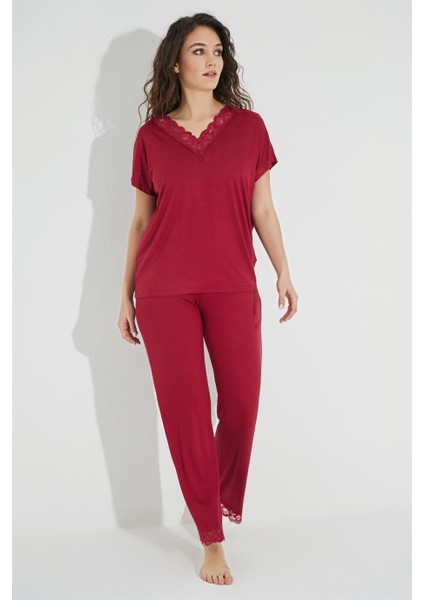 Kısa Kollu V Yakalı Dantelli Pijama Takımı 18495