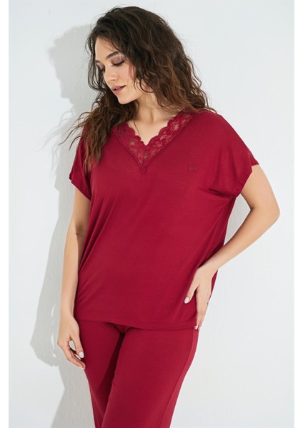 Kısa Kollu V Yakalı Dantelli Pijama Takımı 18495