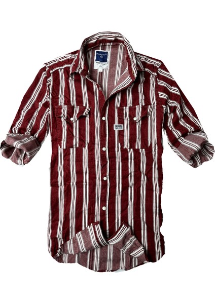 Slim Fit Likralı Esnek Kumaş Çift Cep Kot Gömlek -- Bordo- Çizgili--