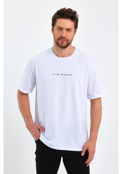 Erkek Beyaz Baskılı Basic Oversize Bisiklet Yaka Kısa Kollu T-Shirt modelleri