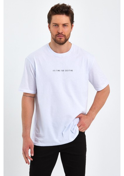 Erkek Beyaz Baskılı Basic Oversize Bisiklet Yaka Kısa Kollu T-Shirt fırsatları
