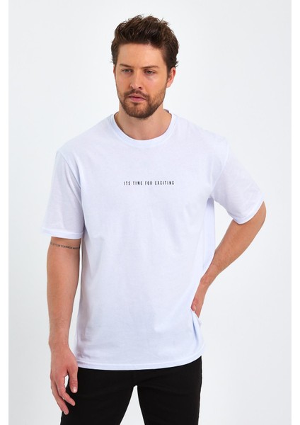 Erkek Beyaz Baskılı Basic Oversize Bisiklet Yaka Kısa Kollu T-Shirt fiyatları