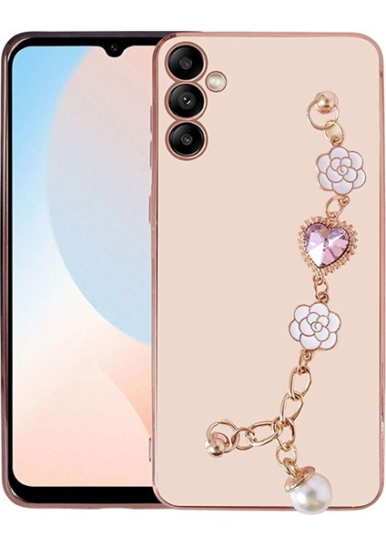 Samsung Galaxy M14 Kılıf Kamera Korumalı Parlak Gold Kenar Kristal Taşlı Arkası Bileklikli Renkli