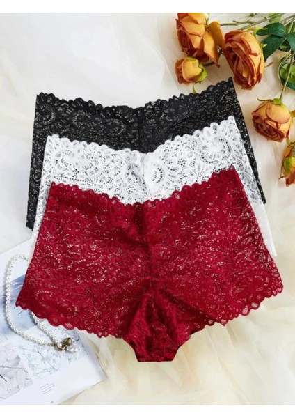 Kadın Siyah Beyaz Kırmızı 3'lü Şık Dantel Boxer 2052