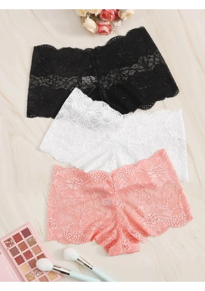 Kadın Dantel Boxer Şort Külot 3lü Siyah Beyaz Somon 2050