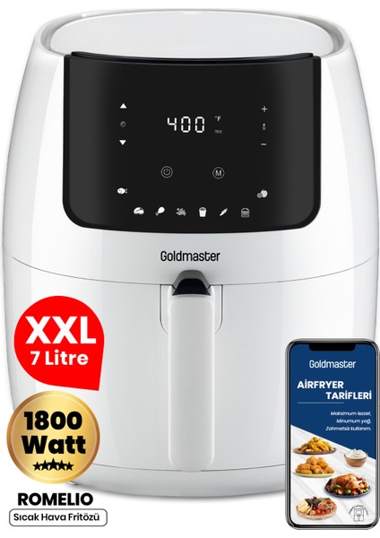 Romelio 1800 Watt 7 Litre Beyaz Geniş Hazneli Xxl Dokunmatik Airfryer Sıcak Hava Fritözü