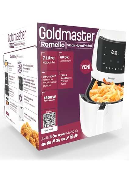 Romelio 1800 Watt 7 Litre Beyaz Geniş Hazneli Xxl Dokunmatik Airfryer Sıcak Hava Fritözü