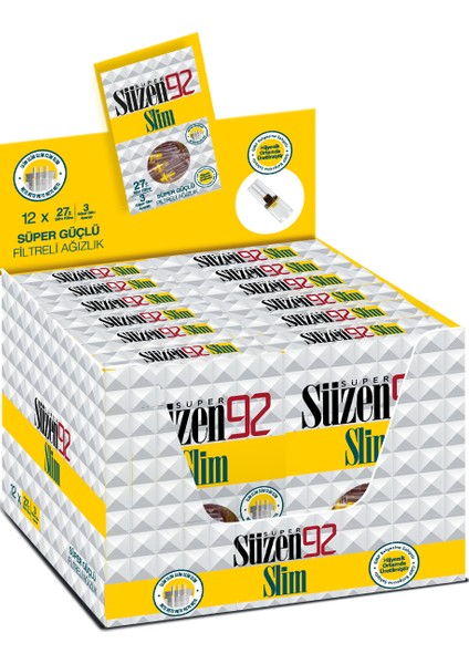 Süzen92 Slim&Ultra Slim Sigara Filtresi Ağızlık 12x30 luk Paketinde, 12 x (27 Slim Filtre+3 Ultra Slim Adaptör)