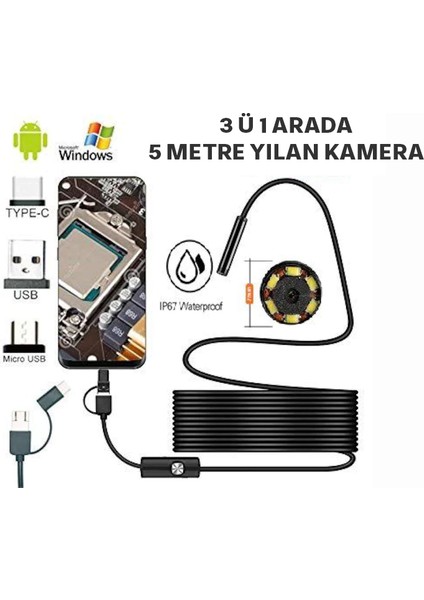 USB LED Işıklı Tel Yılan 1080P Full Hd Endoskop Su Geçirmez Kamera 20MT