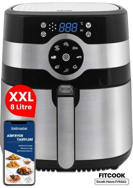 Fitcook 8 Litre Inox Geniş Hazneli Xxl Dokunmatik Yeniden Isıtma Fonksiyonlu Airfryer Sıcak Hava Fritözü