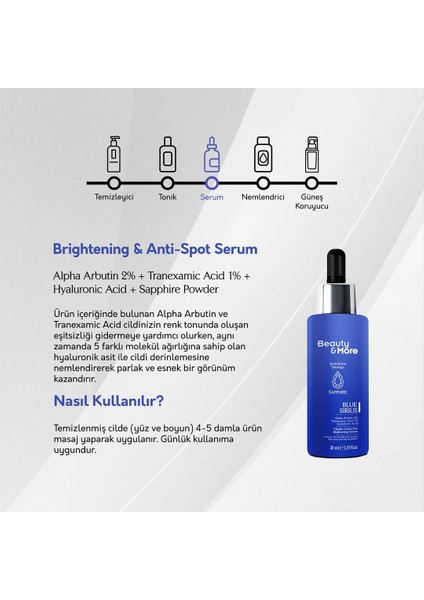 Safir Blue Sirius Aydınlatıcı & Leke Karşıtı Serum 30 ml Alpha Arbutin 2% + Tranexamic Acid 1% + Hyaluronic Acid + Safir Powder