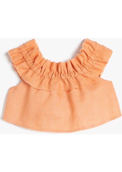 Keten Bluz Crop Düşük Omuz Fırfırlı