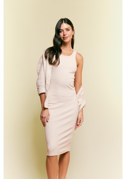 Bodycon Basic Halter Yaka Pamuklu Midi Askılı Elbise U8106AZ23SM