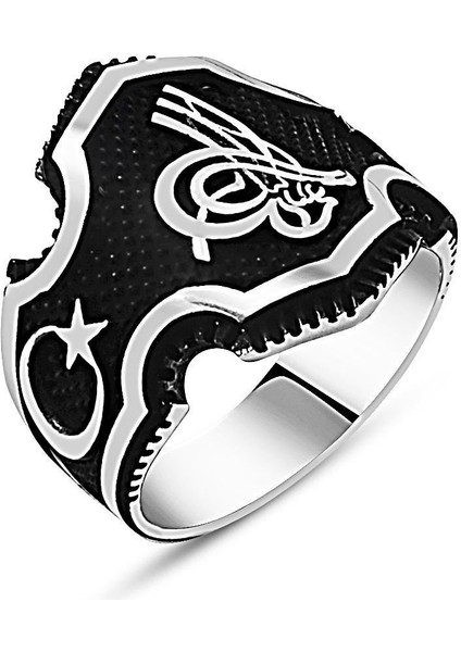 925 Ayar Gümüş Tuğra Işlemeli Ayyıldız Model Erkek Yüzük