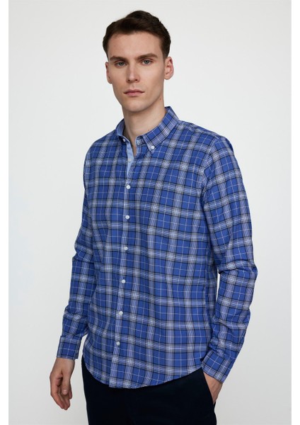 Slim Fit Uzun Kol Düğmeli Yaka Pamuklu Ekose Spor Erkek Sax Mavi Gömlek
