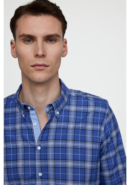 Slim Fit Uzun Kol Düğmeli Yaka Pamuklu Ekose Spor Erkek Sax Mavi Gömlek modelleri