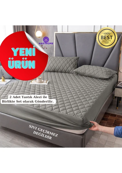 Narthome Çift Kişilik Renkli Yastıklı Set Gri Kapitone Yatak Koruyucu Alez