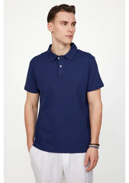 Slim Fit Desenli Polo Yaka Erkek Lacivert Tişört