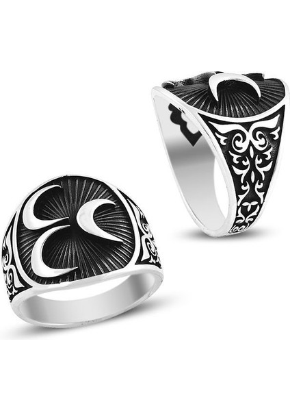 925 Ayar Gümüş Üç Hilal Oksitli Erkek Yüzük