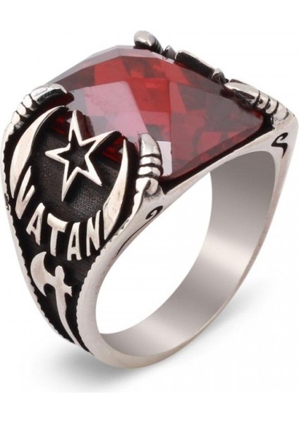 925 Ayar Gümüş Vatan Yazılı Kırmızı Zirkon Taşlı Erkek Yüzük