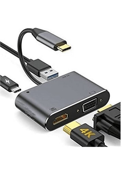 FC02 4 In 1 USB C To Hub Pd HDMI VGA USB Adaptör Gri