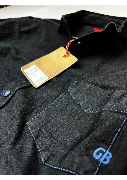 Slim Fit Saf Pamuk Denim Kumaş Kot Gömlek--Koyulacivert---