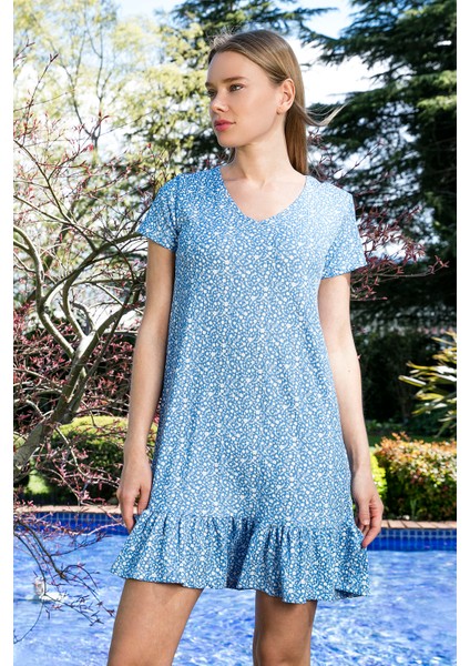 Çiçekli Yuvarlak Yaka Fırfır Detaylı Mini Elbise Bayan Elbise 5863677