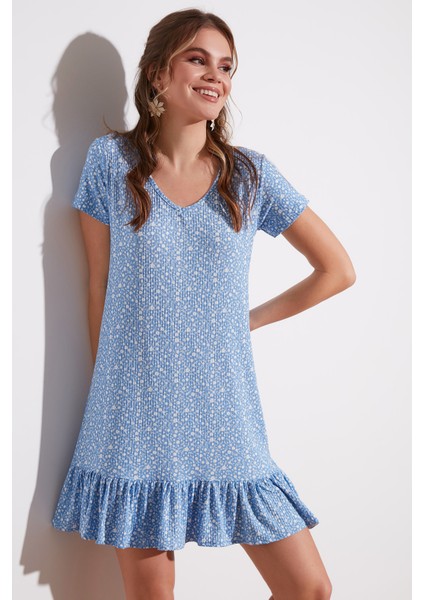 Çiçekli Yuvarlak Yaka Fırfır Detaylı Mini Elbise Bayan Elbise 5863677 fiyatları