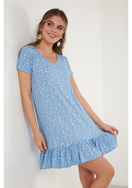 Çiçekli Yuvarlak Yaka Fırfır Detaylı Mini Elbise Bayan Elbise 5863677 modelleri