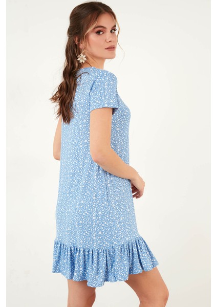 Çiçekli Yuvarlak Yaka Fırfır Detaylı Mini Elbise Bayan Elbise 5863677 indirimleri