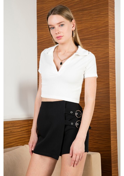 Slim Fit Polo V Yaka Crop Bluz Bayan Bluz 5865035