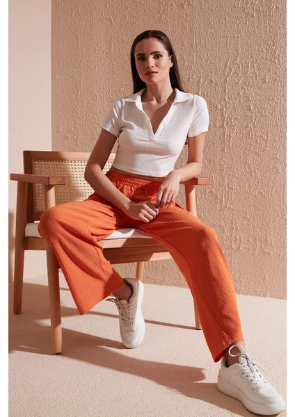 Slim Fit Polo V Yaka Crop Bluz Bayan Bluz 5865035
